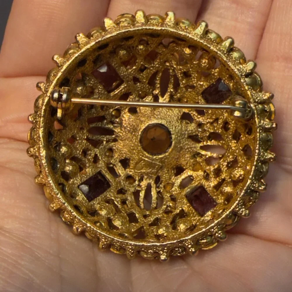 Capri Rhinestone Dome Brooch Gold Tone Deep Garnet Pink Statement – 1.9”